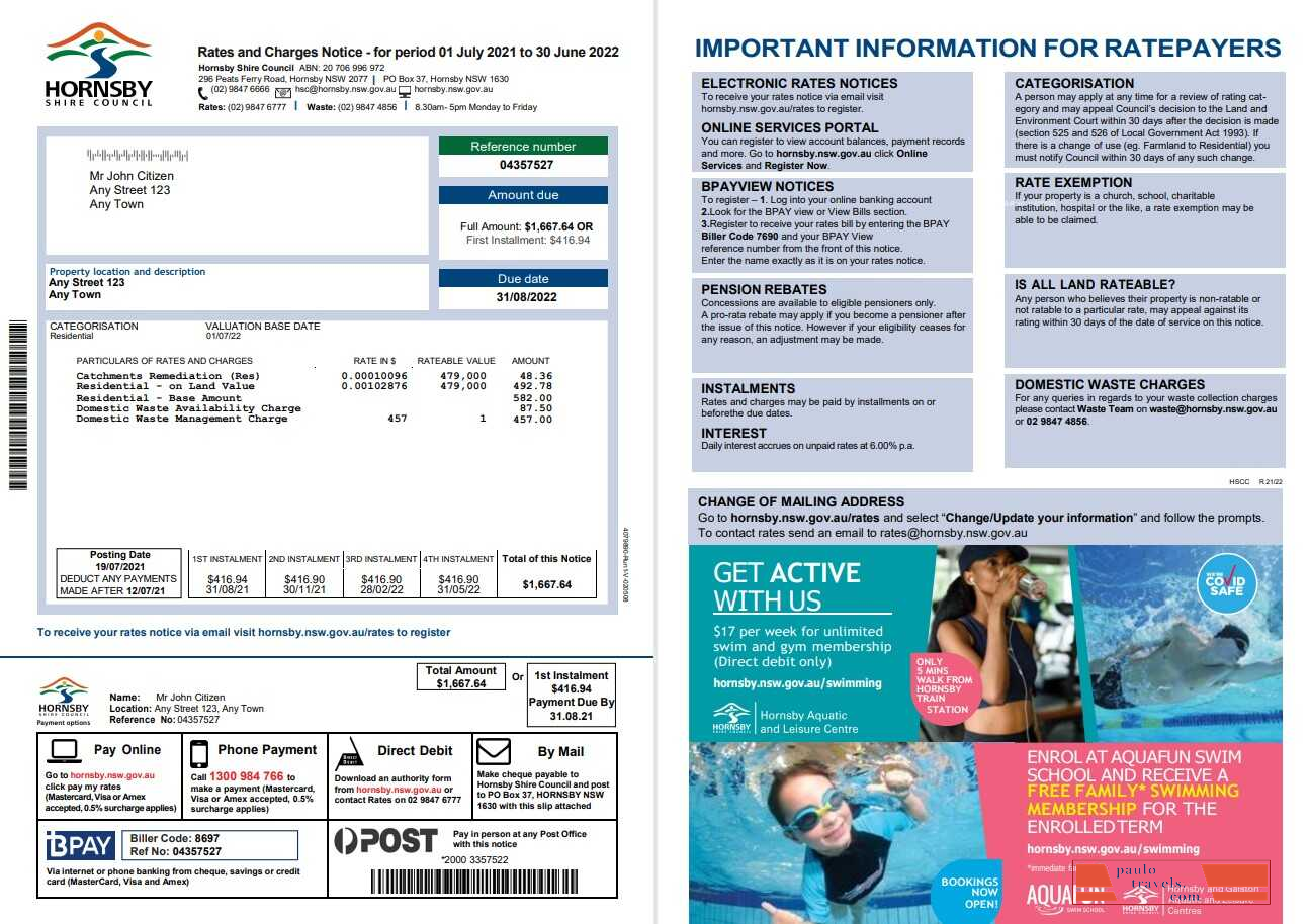 Australia NSW Hornsby Shire Council utility bill, Word and PDF template, 2 pages